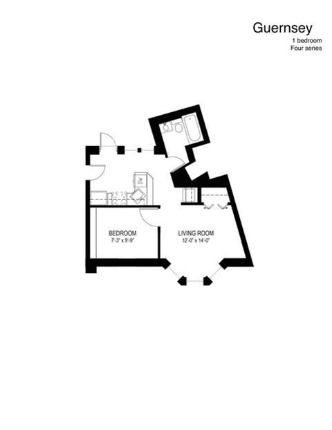 Floor plan for 1 bed, 1 bath, 421 sqft